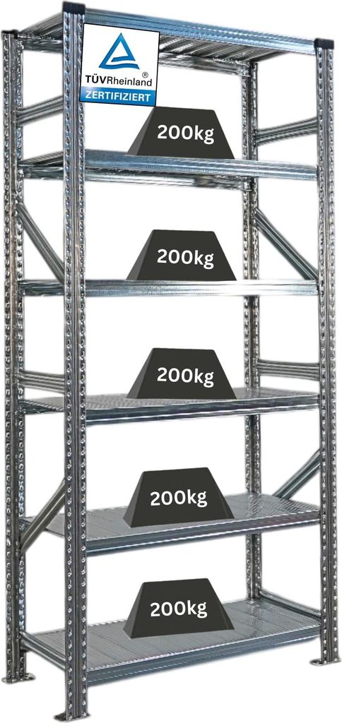 Fachbodenregal PROXIMO mit Stecksystem | Grundregal | HxBxT 210x90x50cm | 6 Ebenen | Beidseitig nutzbar | Verzinkt