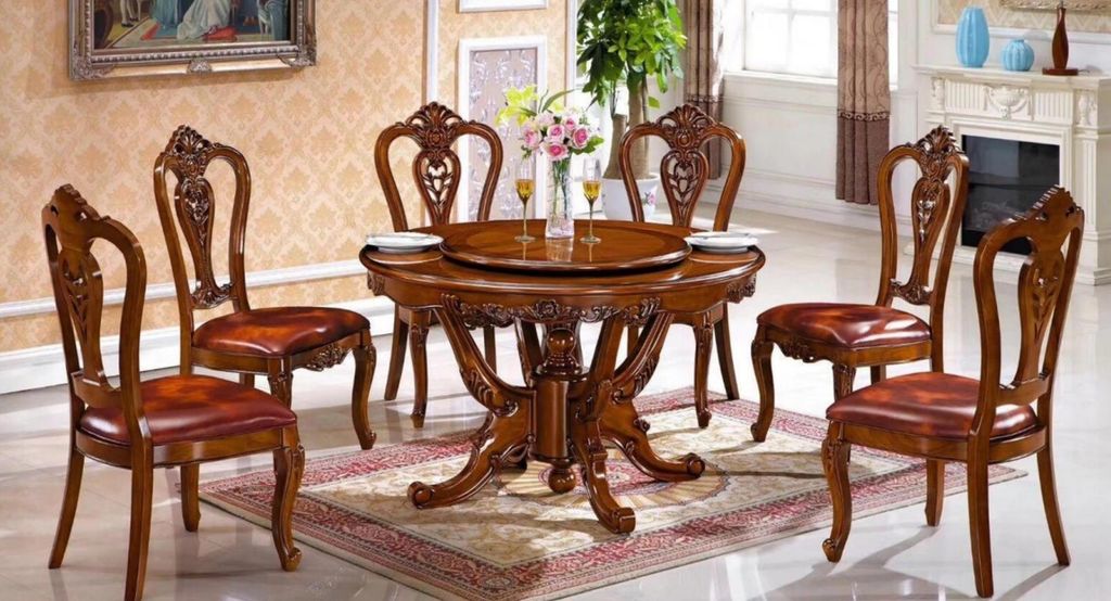 Braune Massivholz Essgarnitur Runder Esstisch 6x Edle Holzstühle