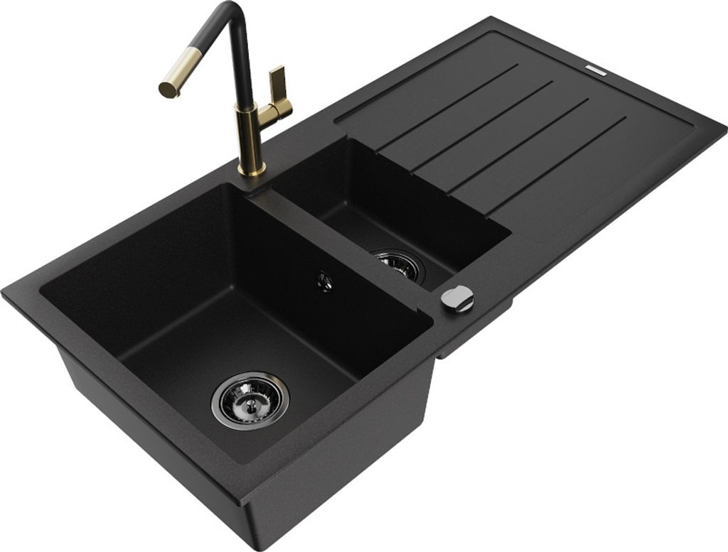 Mexen Andres 1,5-Becken-Granitspüle mit Abtropffläche und Mischbatterie Flora, Schwarz - 6515-77-670401-57-B