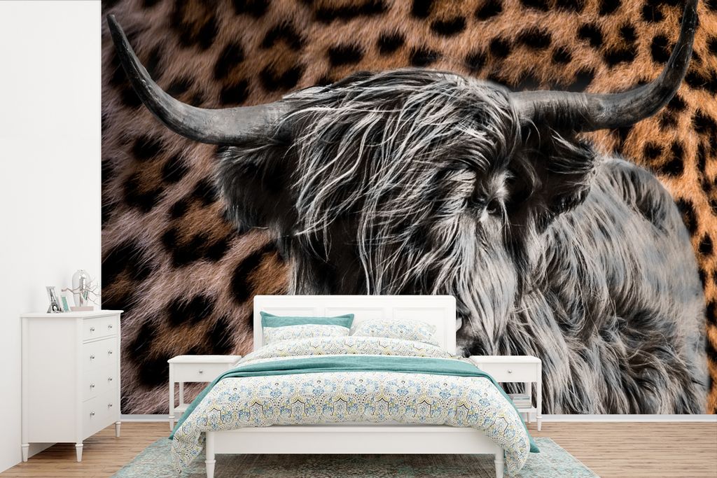 MuchoWow Fototapete für Wohnzimmer oder Schlafzimmer Wandtapete Vinyl Motivtapete Schottischer Highlander - Pantherdruck - Tiere - 450x300 cm - ...