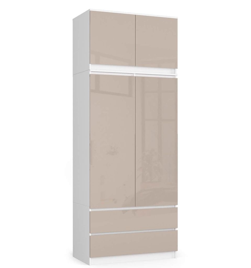 Kleiderschrank – Schlafzimmerschrank mit Kleiderstange – Weiß / Beige Hochglanz – 90 cm – Erweiterbarer Drehtürenschrank mit Aufsatz und ...