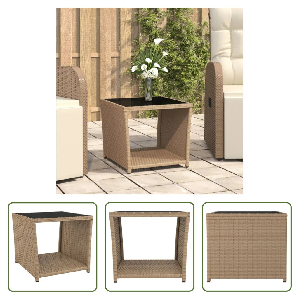Petite table d'appoint stable en verre et polyrotin beige durable