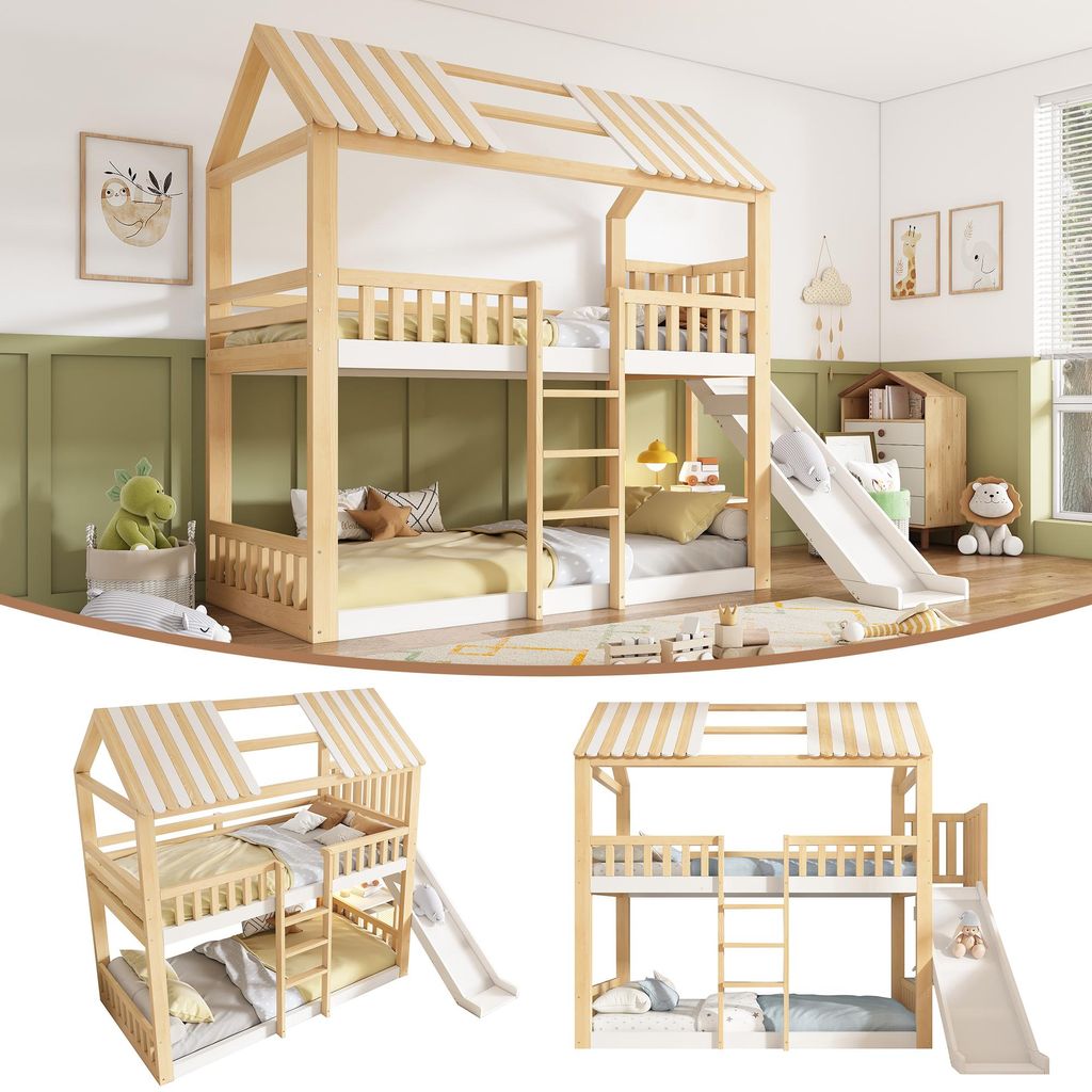 Zerbaco Etagenbett 90x200 cm, Einzelbett mit Giebeldach in Weiß und Natur, Hausbett Hochbett mit Regal und Rutsche, sicherer Aufstieg, EN 747, Ohn...