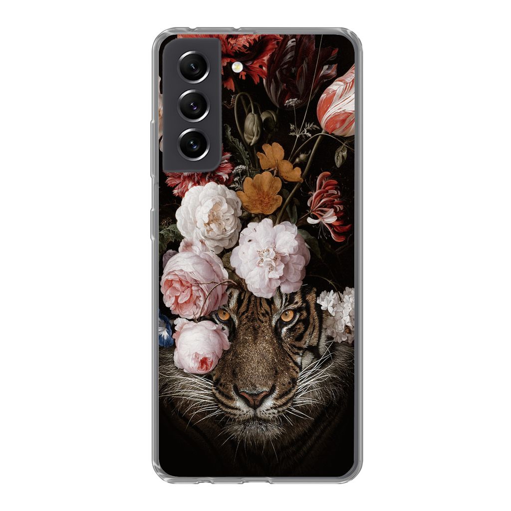 MuchoWow Handyhülle Schutzhülle Hülle für Samsung Galaxy S21 FE Tiger - Blumen - Kunst Silikon Softcase Handy Hülle - Mobiltelefonhülle