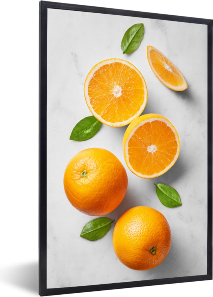 MuchoWow Gerahmtes Poster Orange - Obst - Marmor 60x90 cm - Poster mit Schwarzem Bilderrahmen Wandposter Rahmen Foto Bilder - Kunst