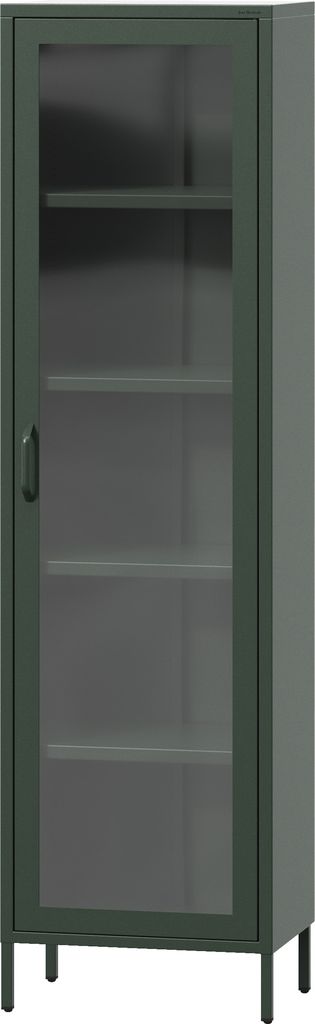A tall, slender, green display cabinet with a glass door and four shelves.
