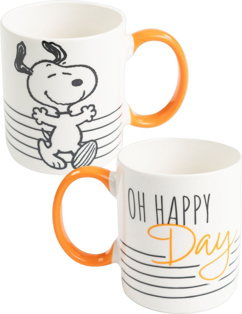 The Peanuts Snoopy Tasse - Oh Happy Day Kaffeetasse Becher Kaffeebecher aus Keramik Weiß Orange 320 ml