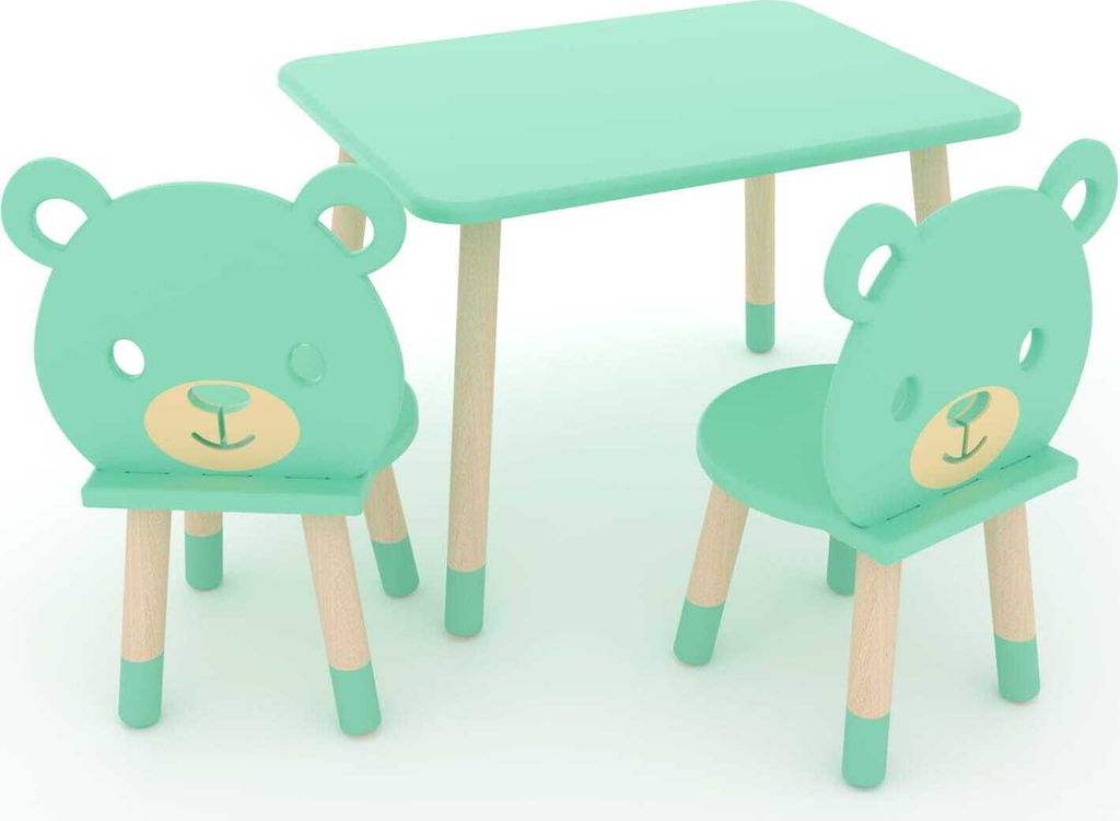 DEKORMANDA – Kindertisch mit Stühlen – Möbel für ein Kinderzimmer – Stühle in Teddybärform für kleine Tierliebhaber – Mintfarbener Ki...