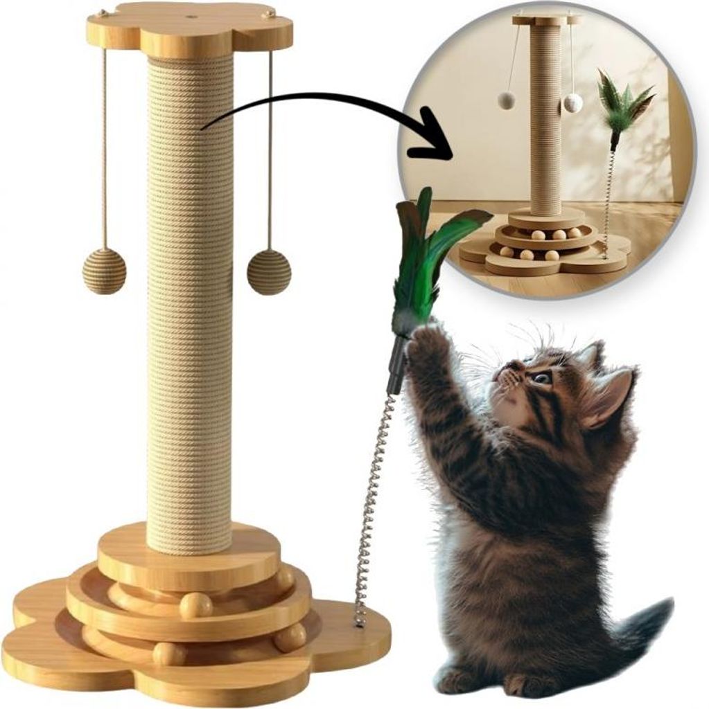Flamenco Mystique Kratzbaum für Katzen 43cm, 4in1 Spielzeug mit Bällen und Federn KOT22