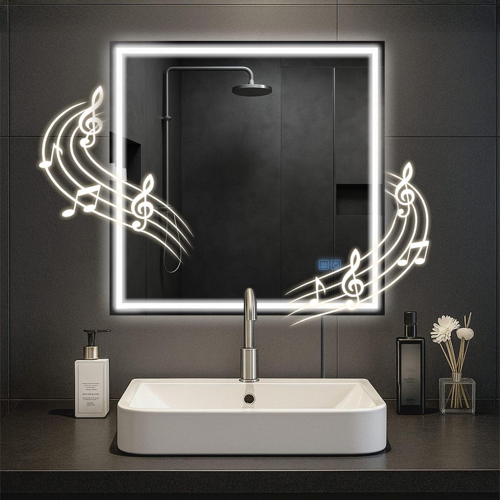 CLP Badspiegel Jaffrey Bluetooth-Lautsprecher Anti-Beschlag Quer- und Hochformat LED,80x80 cm