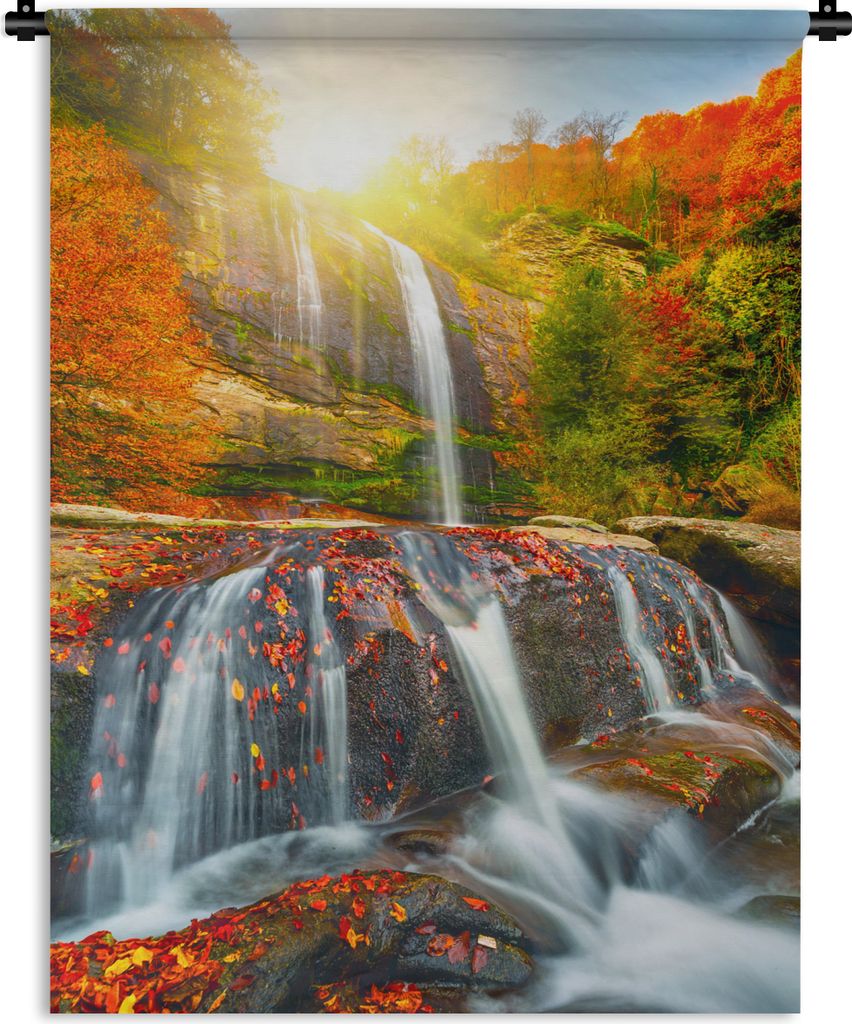 MuchoWow Wandteppich Wandbehang Wasserfall - Natur - Herbst - Rot - Wasser 120x160 cm Tapisserie Dekoration Wandtuch - Wohnzimmer - Moderne