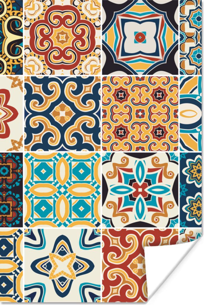 MuchoWow Poster Blumen - Vintage - Muster - Blau - Orange 20x30 cm - Papierdruck