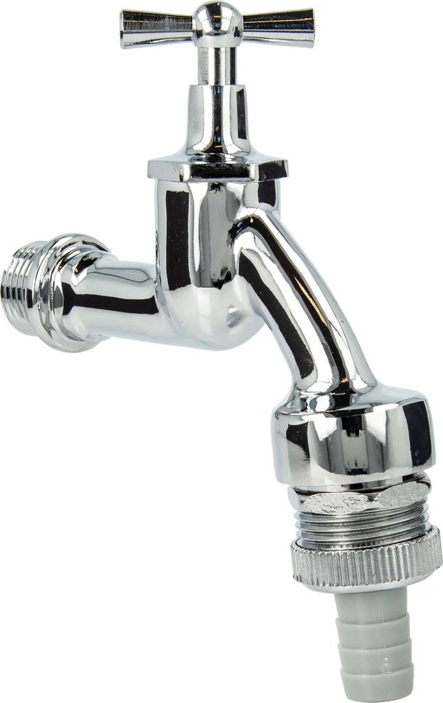 tecuro Auslaufventil 1/2 Zoll, Knebeloberteil, Rohrbelüfter DVGW, Schlauchtülle - Messing hochglanzverchromt