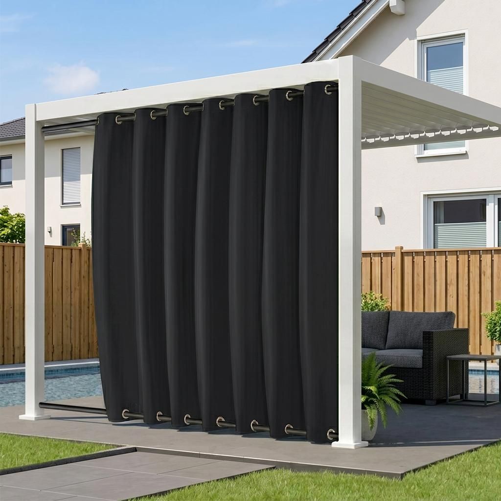 Outdoor Vorhang Extra Breit Wasserdicht Wetterfest Verdunklungsvorhänge Oben und Unten mit Ösen für Terrasse Balkon, Schwarz, B254XH213cm