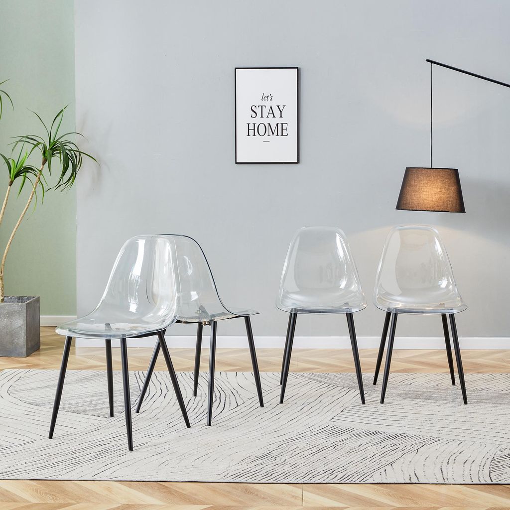 4er Set Esszimmerstuhl aus transparentem Kunststoff, schwarze Metallbeine, rutschfest, pflegeleicht, geeignet für modern-minimalistisches Esszimme...