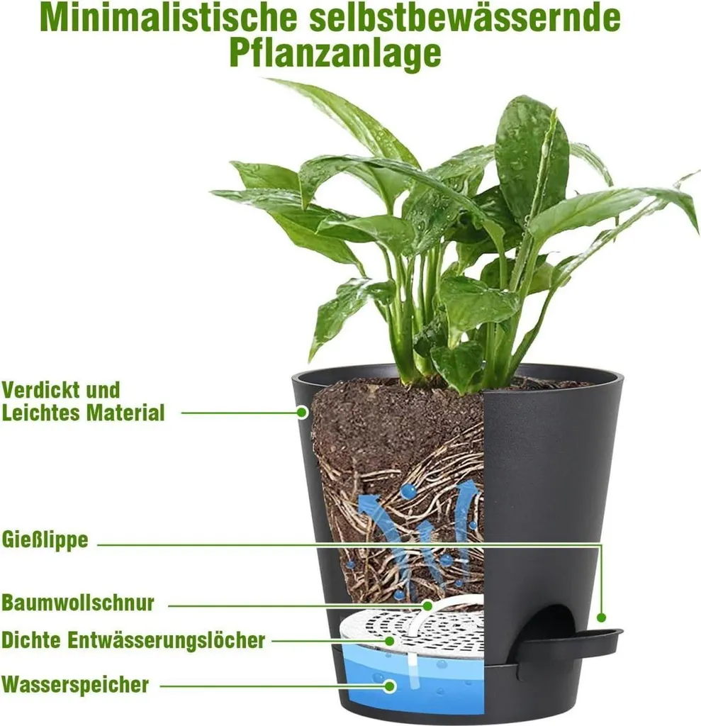 Pots de fleurs avec réserve d'eau Pure Black, lot de 6 pièces multi-tailles