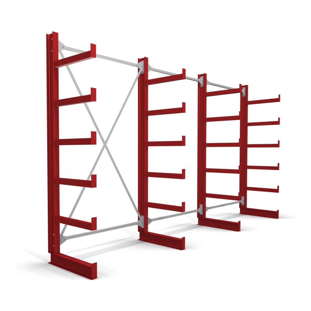 STIER Kragarmregal einseitig 3 Felder mit 5 Ebenen 3900x2000x500mm feuerrot