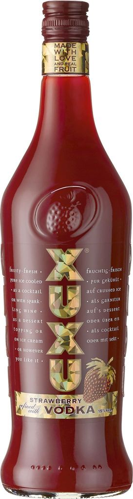A bottle of XUXU Strawberry Vodka.