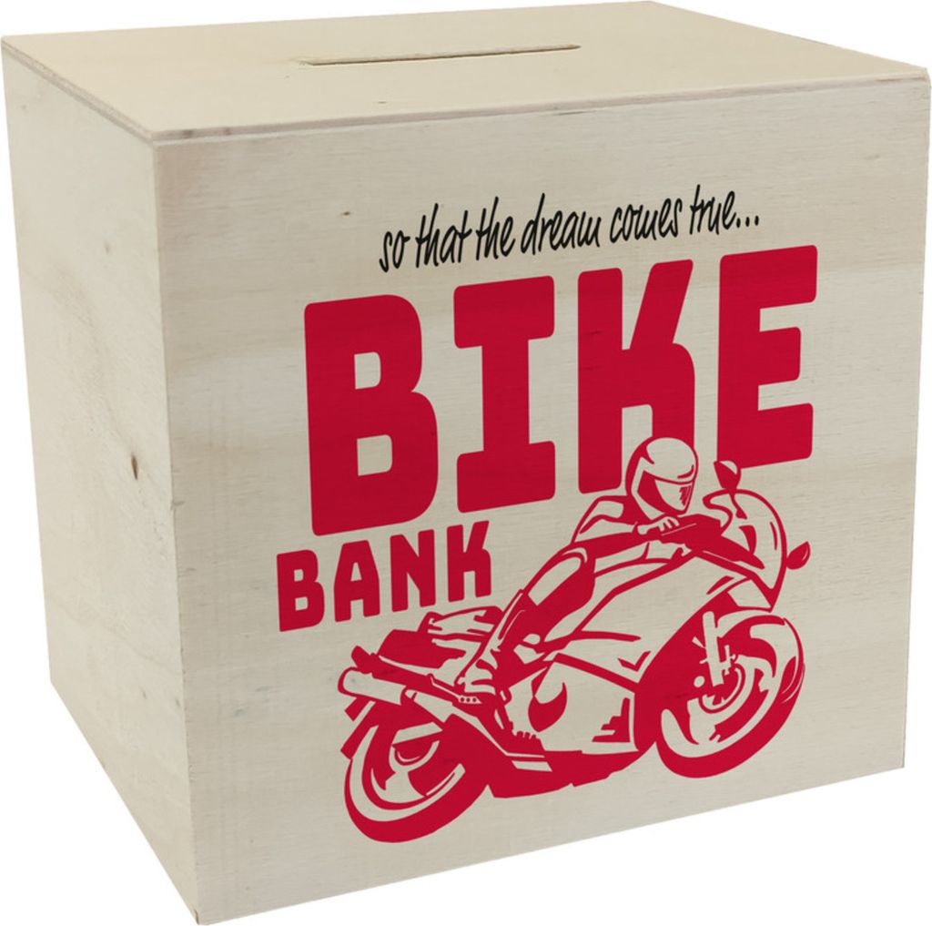 Bike Bank Spardose aus Holz in rot zum Thema Motorradkauf und Motorrad fahren