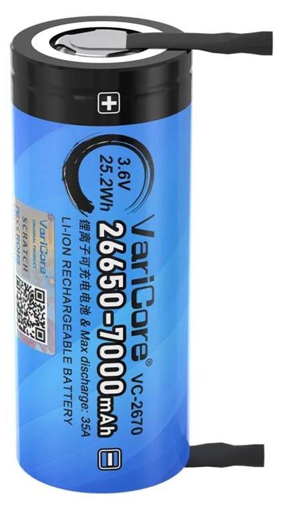 Lithium-Ionen-Akku 26650 3.7V 7000mAh - VC-2670 - Wiederaufladbar - 35A Hochstromentladung - Mit Nickelstreifen für DIY-Pack - Set mit 9 Stück