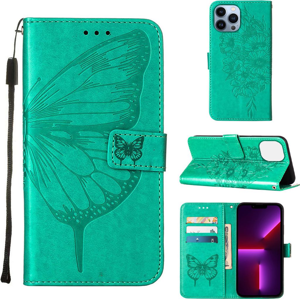 iPhone 13 Pro Hülle, Schmetterling Prägung Flip Leder Kartenfächer Schutzhülle Ledertasche mit Ständer für iPhone 13 Pro Grün