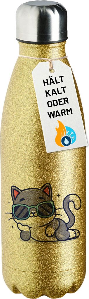 Huuraa Trinkflasche Cool Cat Comic 500ml Gold Edelstahl Wasserflasche Trinkflasche Geschenkidee