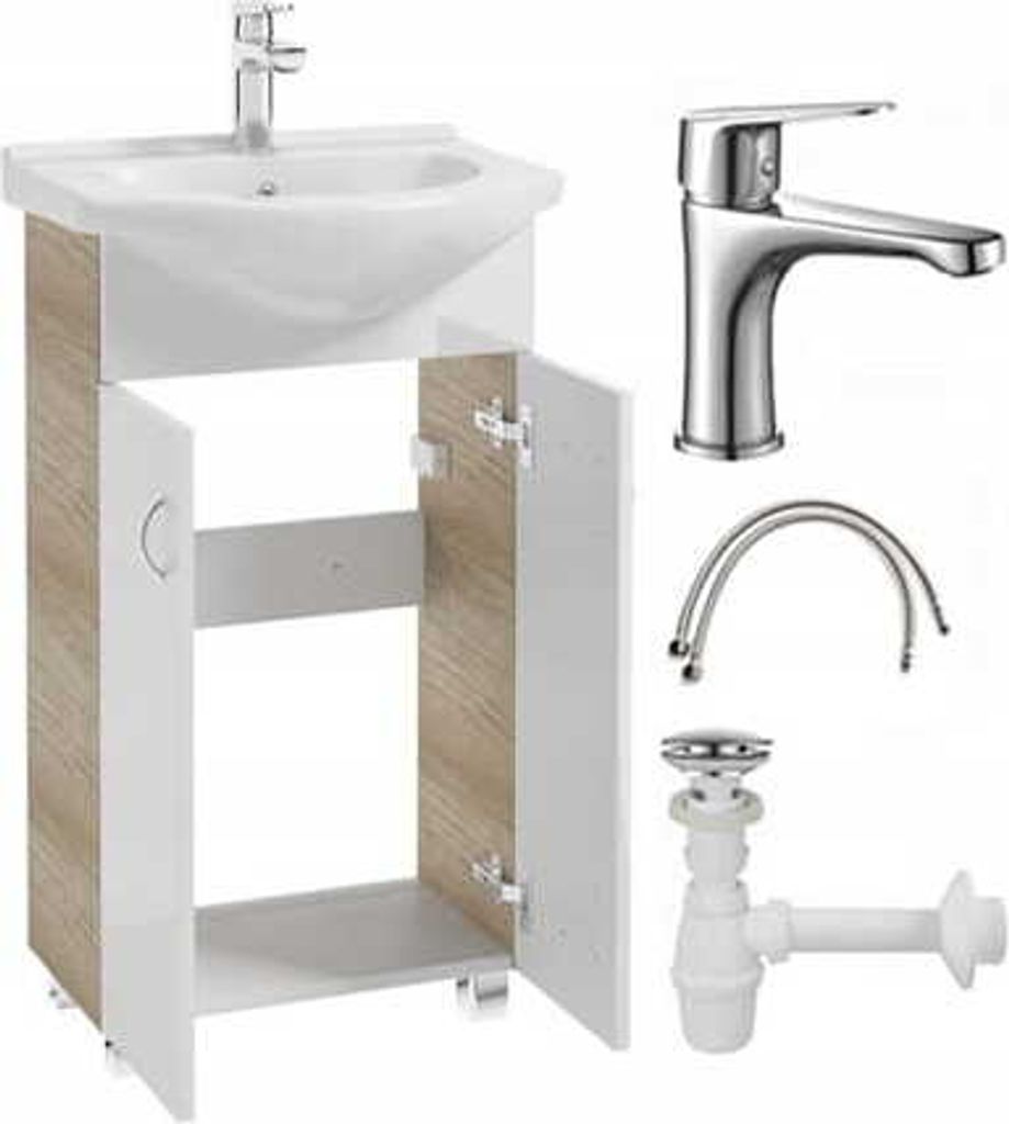 A bathroom vanity with a sink and faucet, along with plumbing parts, displayed against a white background.