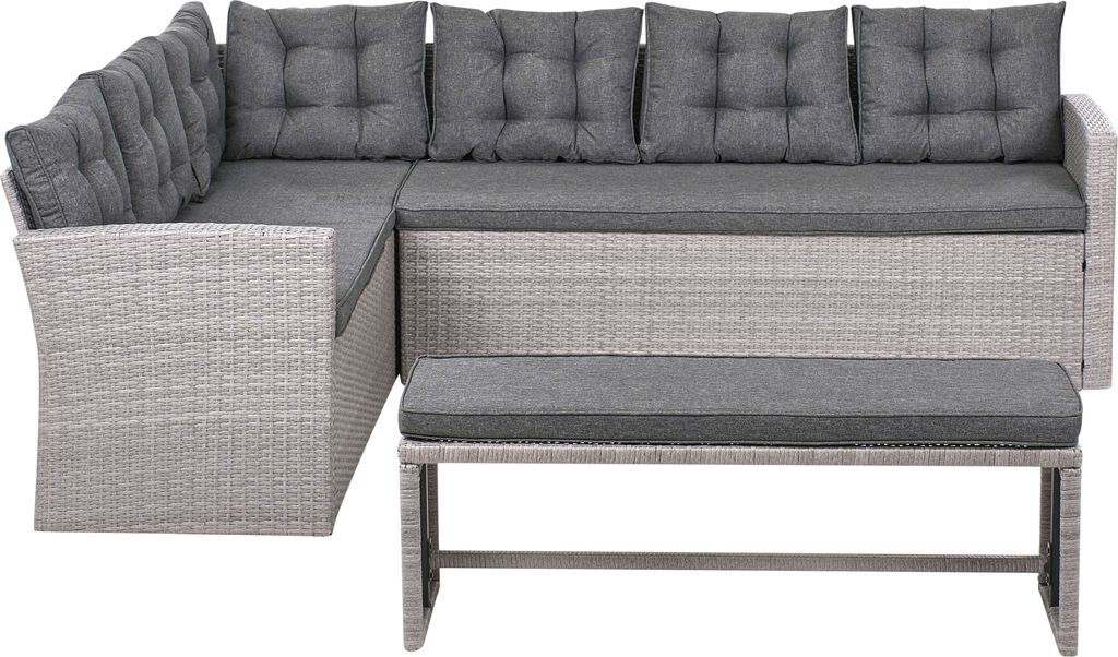 BELIANI Ecksofa mit Bank Grau Polyrattan inkl. Auflagen Modernes Design Terrasse Outdoor Garten 6-Sitzer Sofa und 2-Sitzer Sitzbank Gartenset 2-Teilig