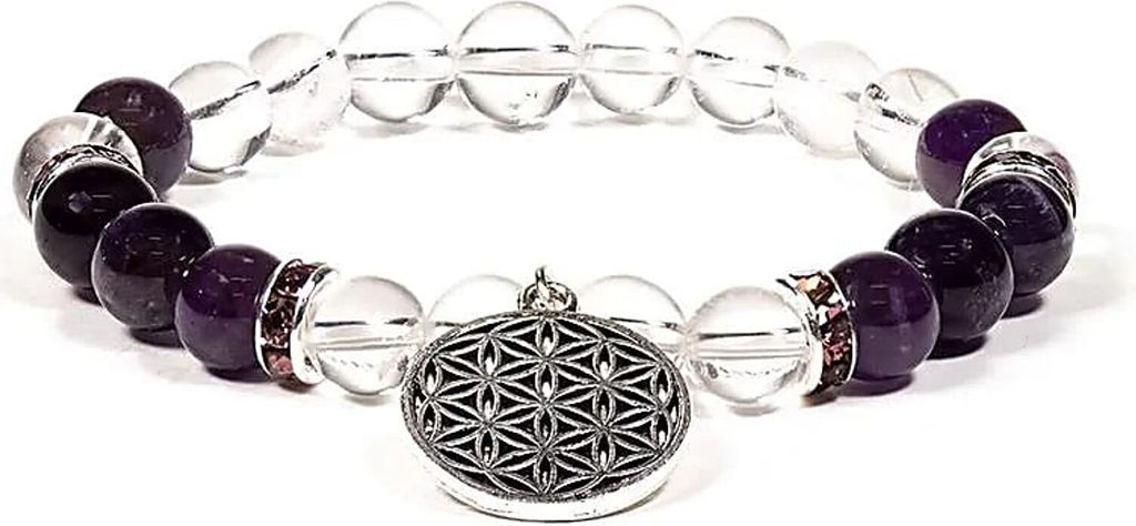 Armband Bergkristall/Amethyst + Blume des Lebens – Packung mit 2 Stück – 8 mm