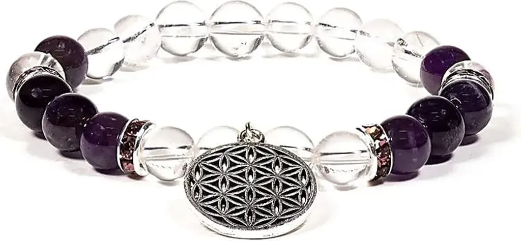 Bracelet méditation améthyste et cristal de roche fleur de vie 8 mm