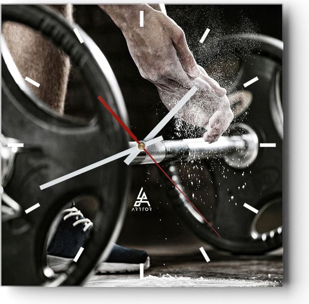 Wanduhr - Quadrat - Glasuhr - Sport athlet anheben fitness - 30x30cm - Schleichendes Uhrwerk - Lautlos - zum Aufhängen bereit - Dekoration Modern ...
