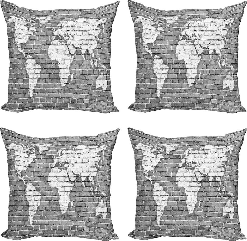 ABAKUHAUS Fernweh Kissenbezug Set (4 Stück), Weltkarte auf Old Brick, Moderner Doppelseitiger Digitaldruck, 40 cm x 40 cm, Pale Grau Weiß