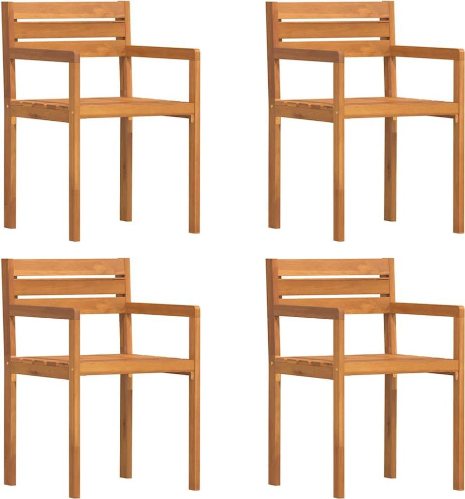 Four identical wooden chairs are arranged in a two-by-two grid against a white background.