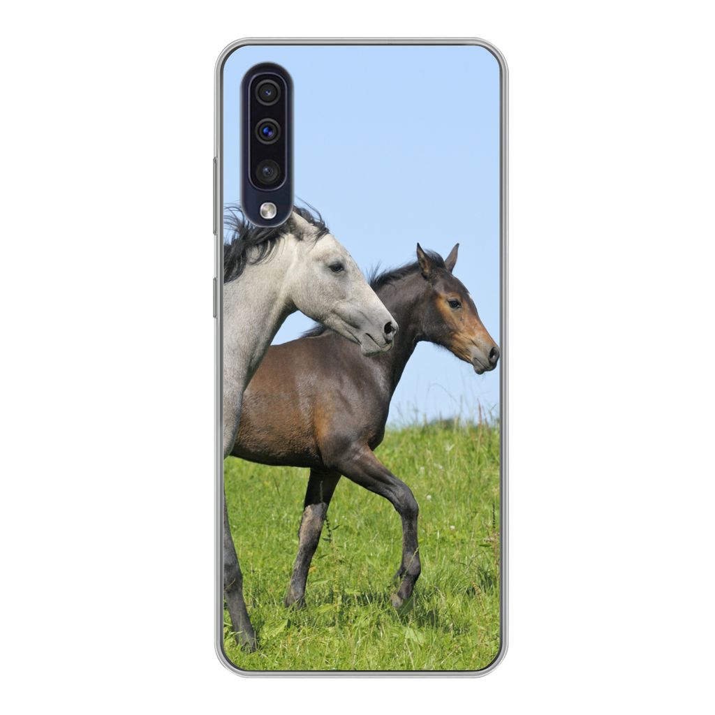 MuchoWow Handyhülle Schutzhülle Hülle für Samsung Galaxy A30s Pferde - Tiere - Gras Silikon Softcase Handy Hülle - Karteninhaber