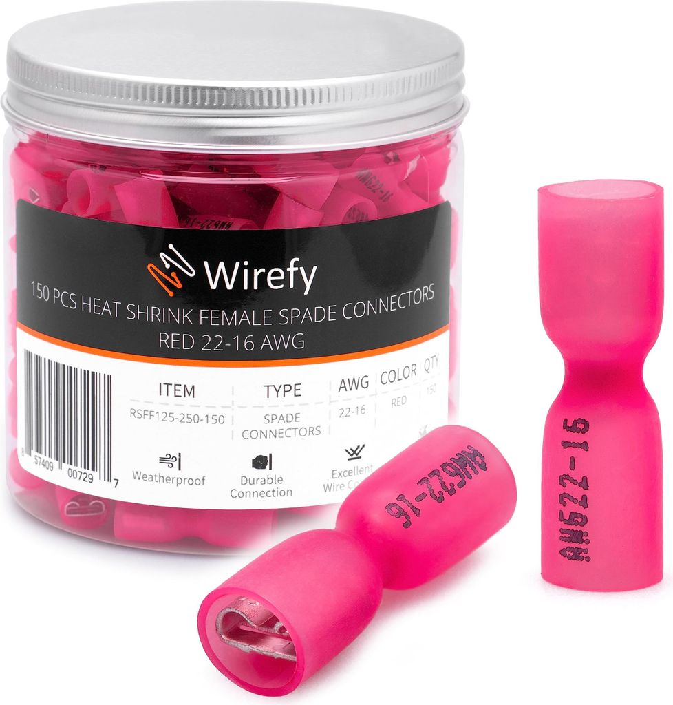 Wirefy Rote Schrumpfverbinder Flachsteckhülsen Isoliert - Kabelschuhe Weibliche Flachstecker Sortiment - Quetschverbinder Kfz - 0,5-1,5 mm² - 150