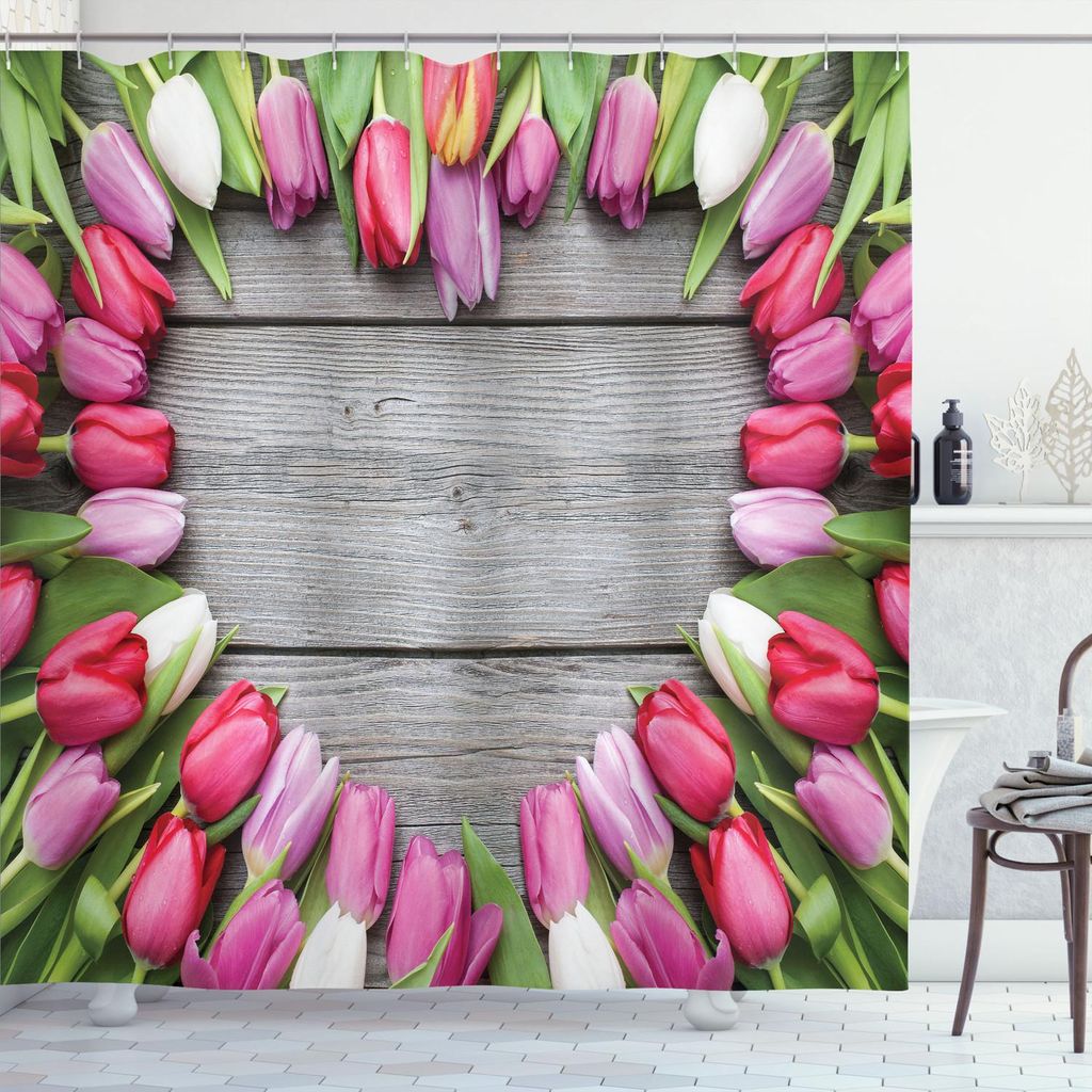 ABAKUHAUS Liebe Duschvorhang, Feld Von Frischen Tulpen Herzmuster Auf Altem Holztisch Natur Blätter Druck, 175 x 240 cm, Umbrabraun Grün Rosa