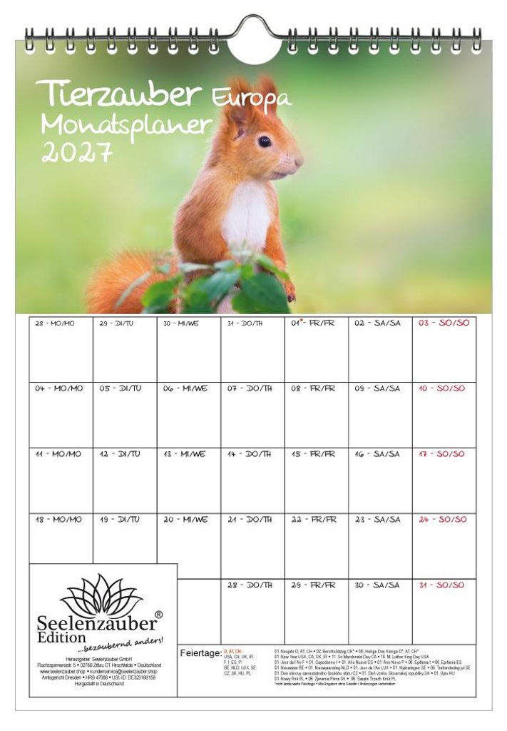 Tierzauber Europa Planer DIN A4 Kalender für 2027 Tiere Wald Natur Baum - Geschenkset Inhalt: 1x Kalender 1x Weihnachtsanhänger 1x Grußanhänger...