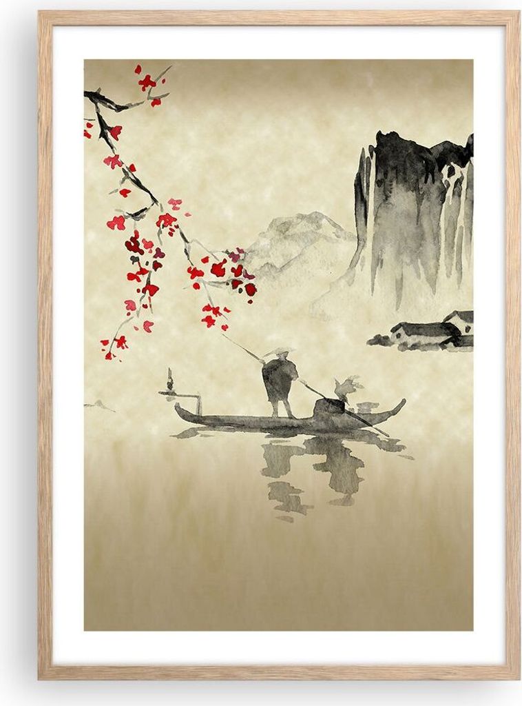 Gerahmtes Poster - Rahmen in heller Eiche - Blume Kirschen Japan - 50x70 cm - Wand Bild - Wanddeko - Wandbilder - Kunstposter - Wandposter - Bilder...