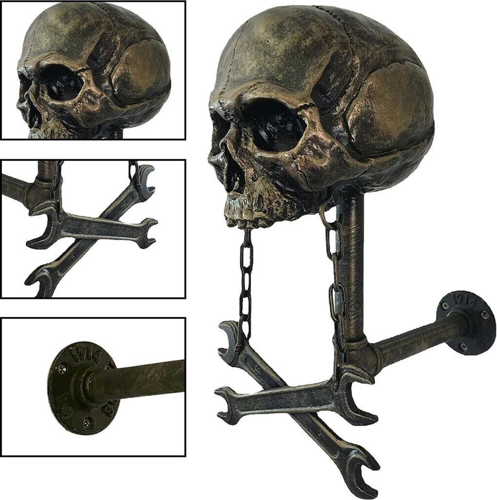 A collage of images showing a skull-shaped wall mount with wrenches and a pipe fixture.