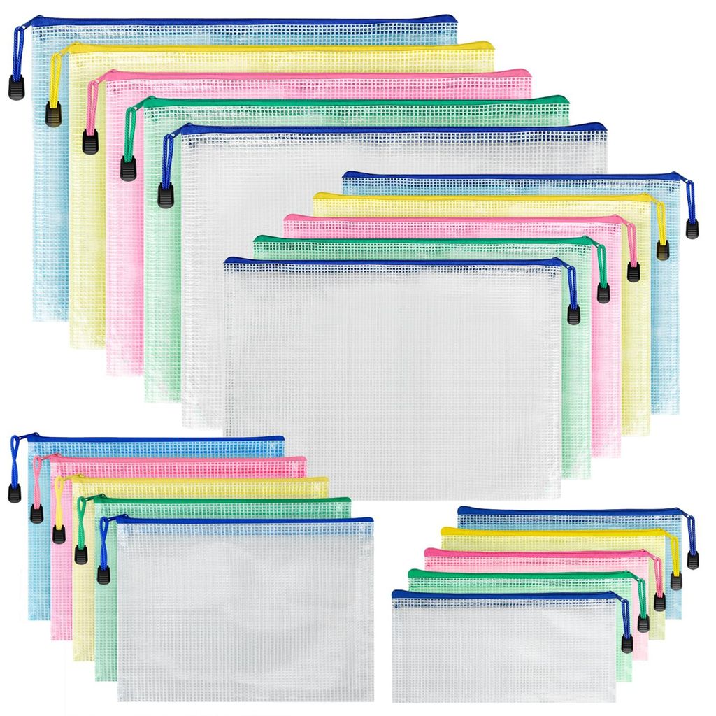Set mit 20 Dokumententaschen (A3+A4+A5+A6): Wasserdichte PVC-Netztaschen mit Reißverschluss für Büro, Dokumente, Kosmetik und Reiseaccessoires. ...