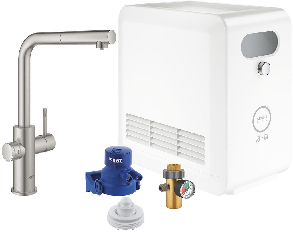 GROHE Blue Professional L-Auslauf Set, Einhand-Spültischbatterie mit Filterfunktion, mit Kühler, Bluetooth und WIFI, Mousseurauslauf, 31326DC2