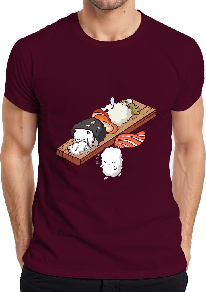 Kawaii Sushi Niedlich Onigiri Nigiri Katze Cartoon Japan Anime Herren T-Shirt, Burgundy, S