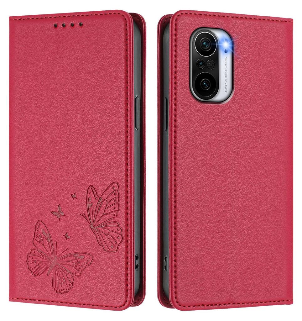 Lederhülle für Xiaomi Poco F3/Redmi K40/K40 Pro, Schmetterling Prägung Leder Brieftasche Schutzhülle mit Ständer Rot