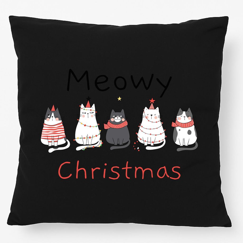 Huuraa Kissen Meowy Christmas Katzen 40x40cm mit Füllung Black Baumwolle Dekokissen Geschenkidee