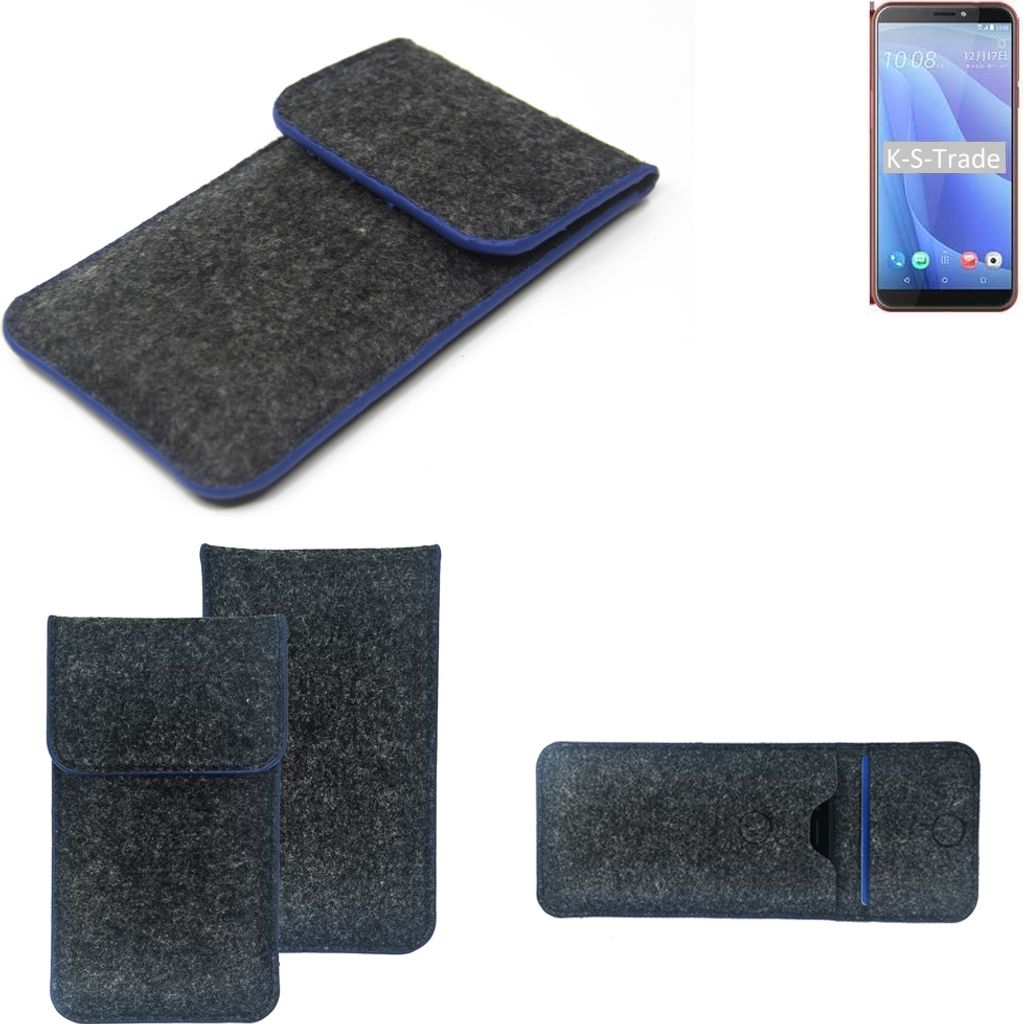 K-S-Trade Handy-Hülle Schutz-Hülle kompatibel mit HTC Desire 12s Filztasche Pouch Tasche Case Sleeve Filzhülle dunkelgrau, blauer Rand