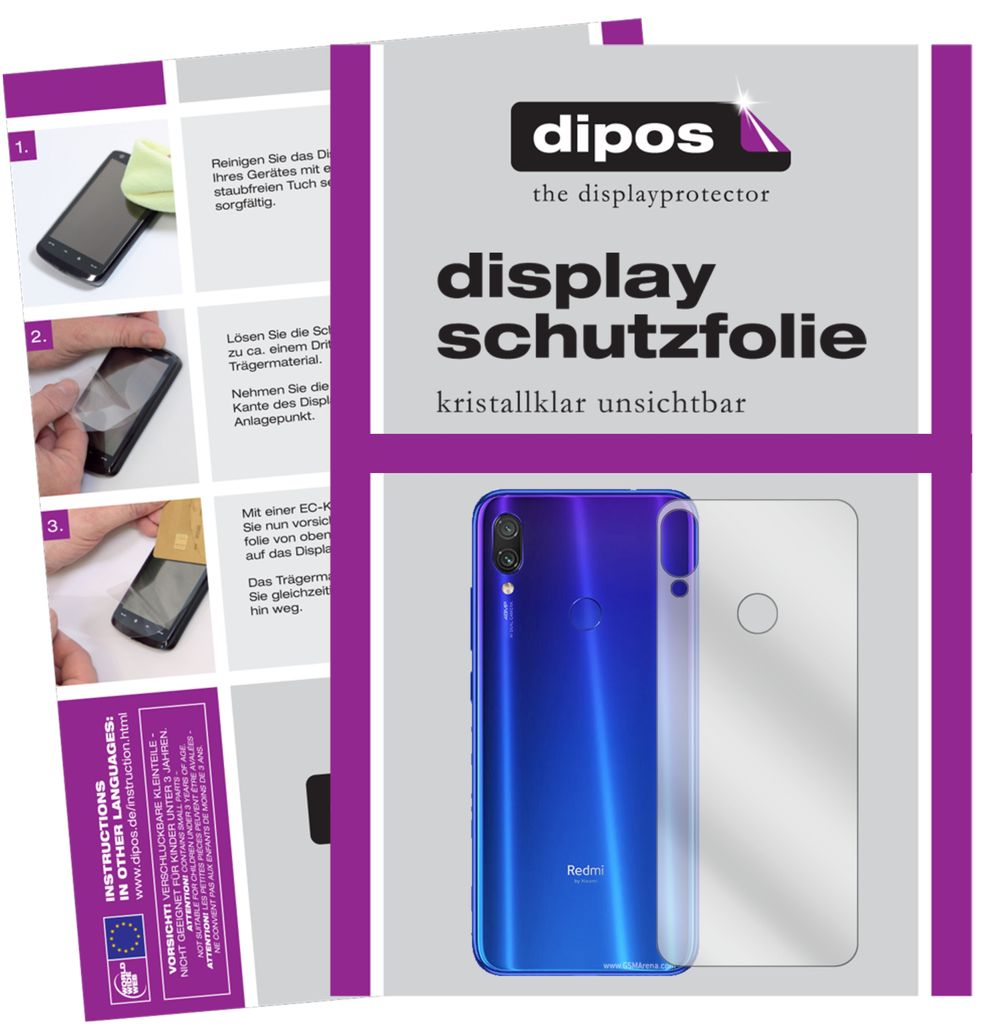 2x Schutzfolie für Xiaomi Redmi Note 7S Rückseite klar Displayschutzfolie Folie Display Schutz dipos