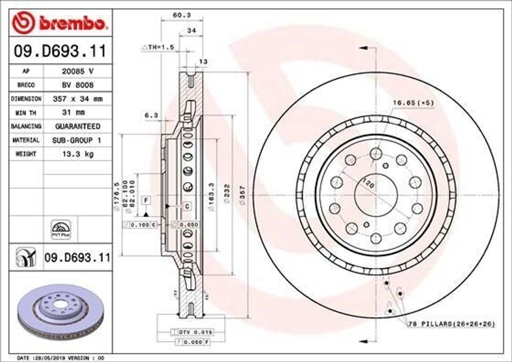 BREMBO Bremsscheibe für TESLA Model Y (5YJY) 357mm Produktbild 