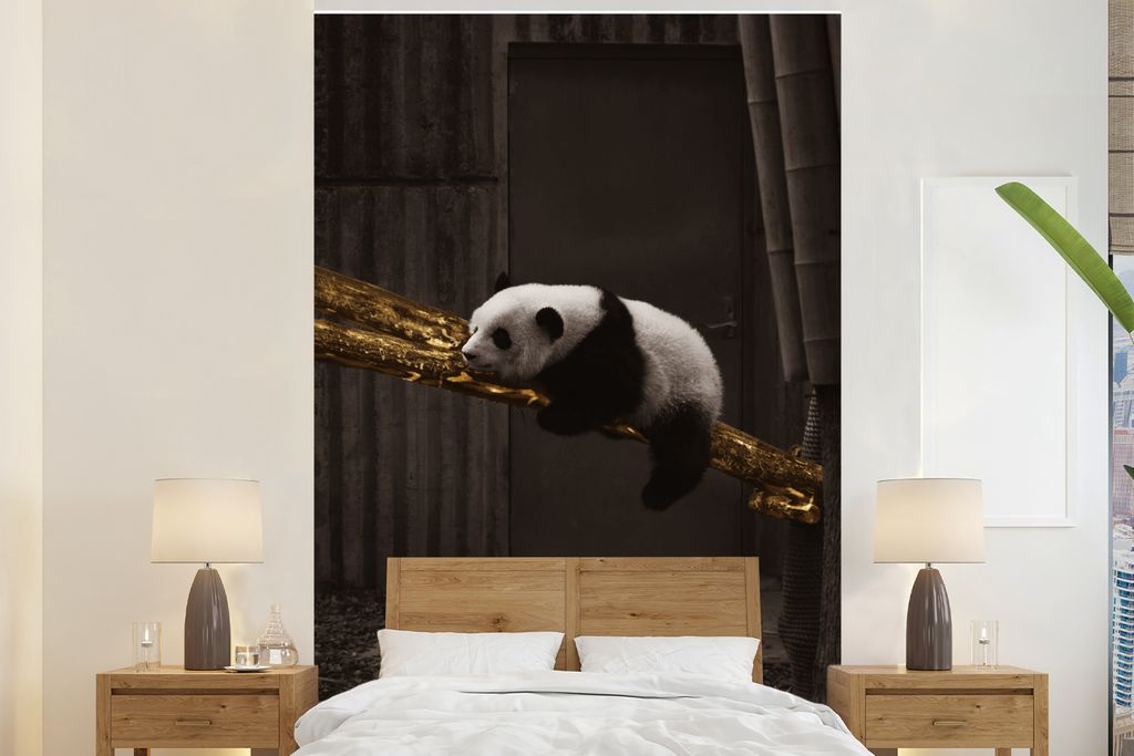 MuchoWow Fototapete für Wohnzimmer oder Schlafzimmer Wandtapete Vinyl Motivtapete Panda - Gold - Schwarz - 155x240 cm - Tapete
