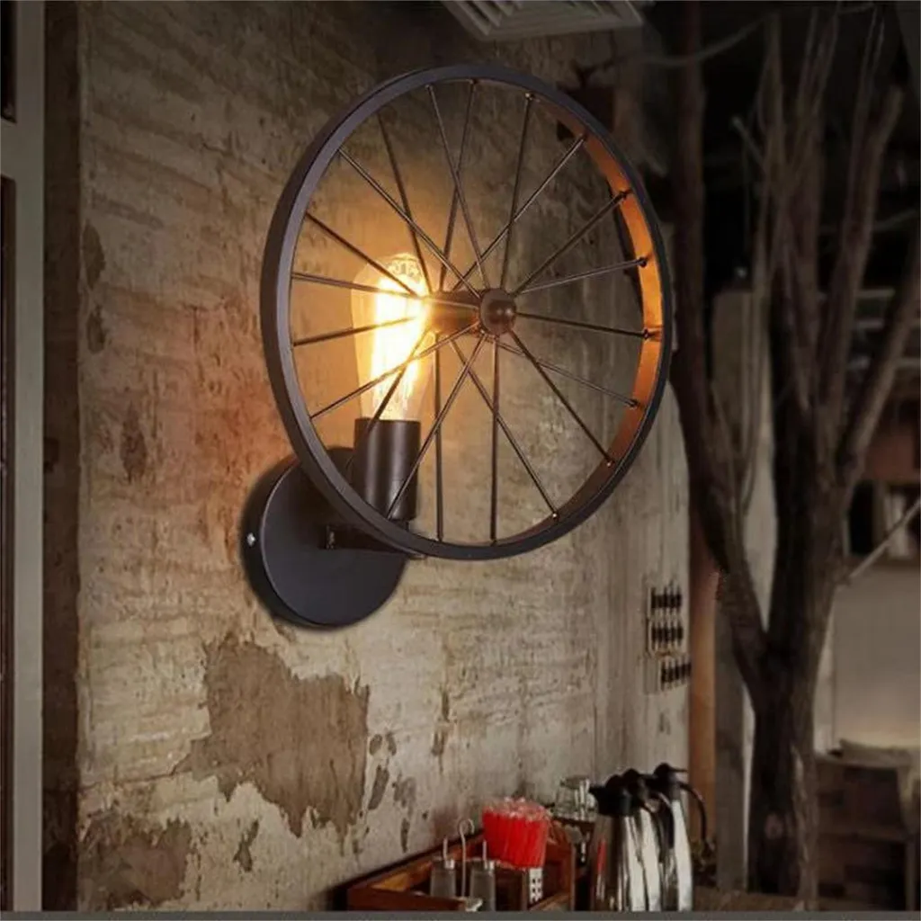Applique murale Roue Lumineuse Rétro Style Industriel en Fer Noir E27