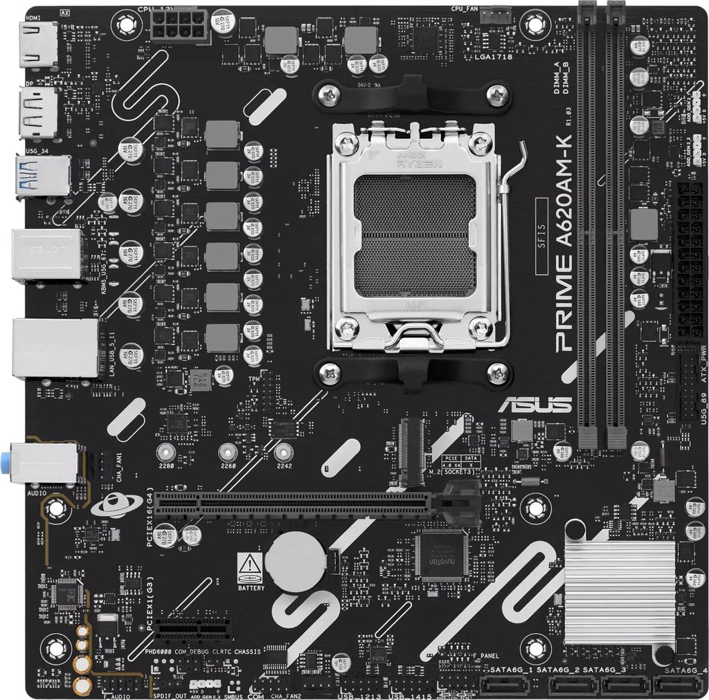 ASUS PRIME A620AM-K, AMD, Sockel AM5, AMD Ryzen 7000 Series, AMD Ryzen 8000 Series, AMD Ryzen 9000 Series, Sockel AM5, DDR5-SDRAM, 128 GB